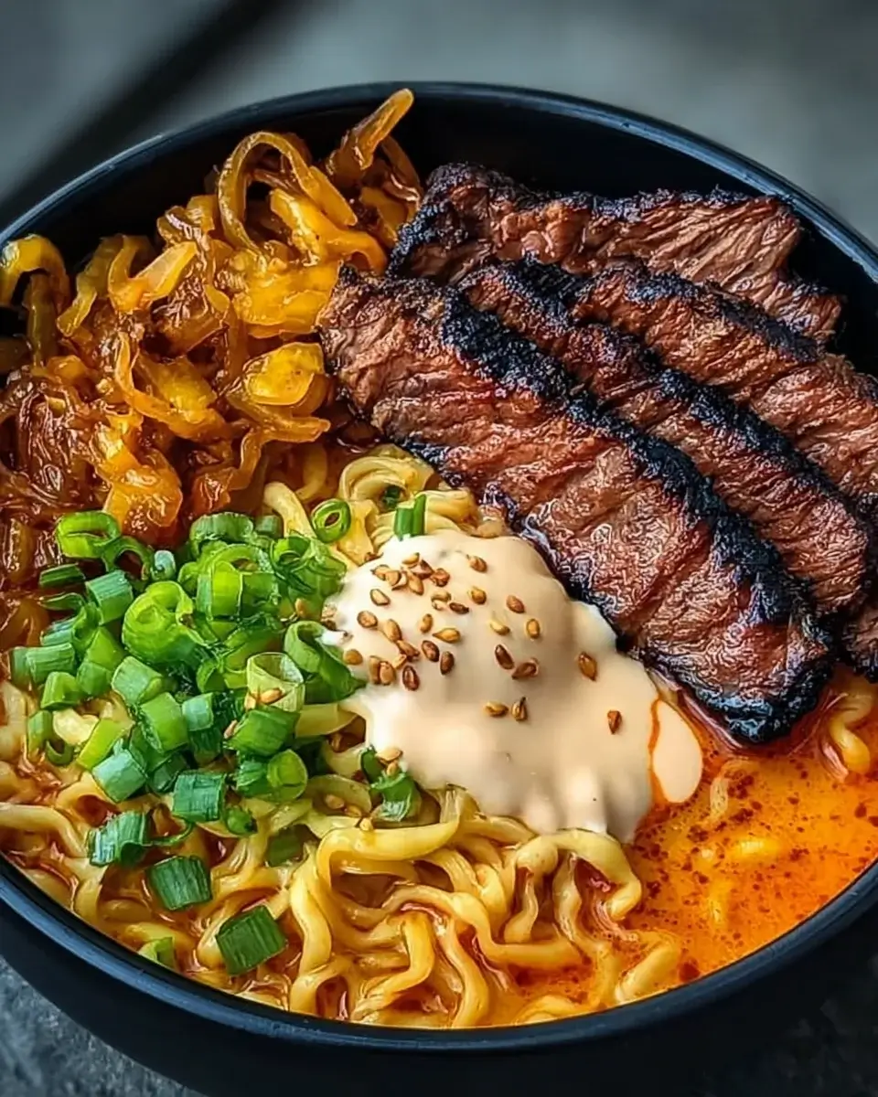 Spicy Korean Ramen with Grilled Beef and Creamy Sauce: A Must-Try!