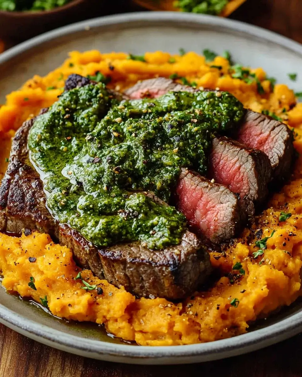 Steak with Green Sauce and Mashed Sweet Potatoes made easy!