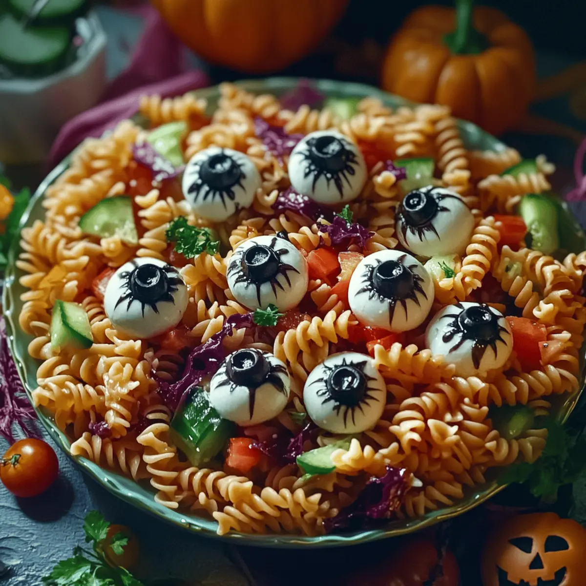Creepy Pasta Salad with Mozzarella Eyeballs for Halloween Fun