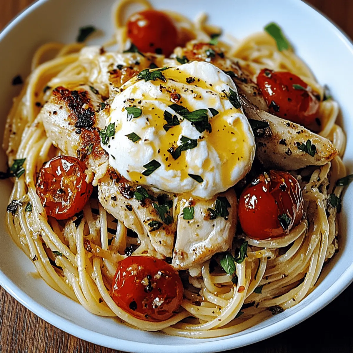 Creamy Chicken Spaghetti with Burrata and Zesty Garlic Sauce