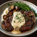 Steak With Haunted Bourbon Garlic Cream Sauce